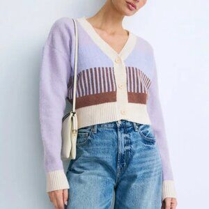 MINKPINK Linden Knit Cardigan in Purple, Brown, Cream Stripe Wool Long Sleeve